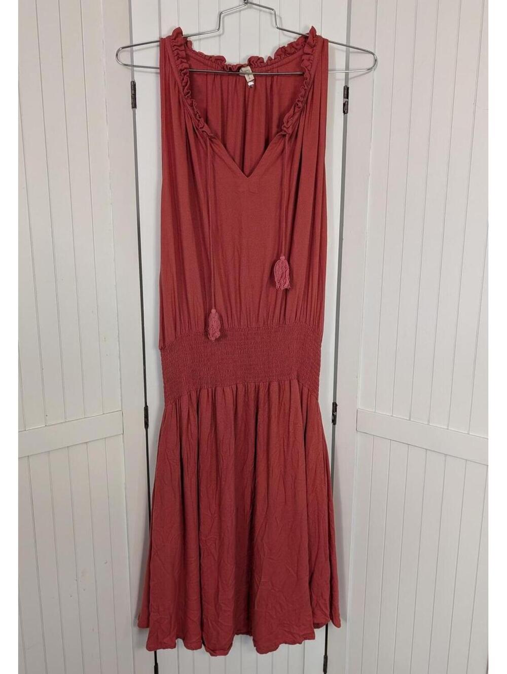 Lani Coral Boho Dress Medium Sleeveless Tassel Tie Smocked Waist Flowy